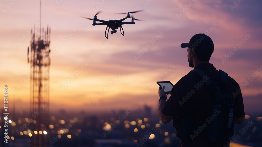 Poster an engineer adjusts a drone flying near a telecom tower for inspections, with dusk light creating a 