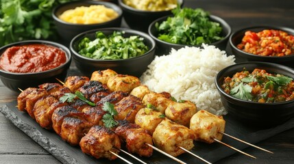 Chicken Skewers. Grilled chicken kebabs with herbs and rice on slate b
