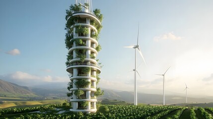 Obraz premium Modern tower surrounded by wind turbines and lush vineyards in a scenic countryside landscape