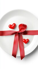 Creating a romantic atmosphere with a beautifully crafted plate adorned with a red ribbon and two small hearts for Valentine's Day