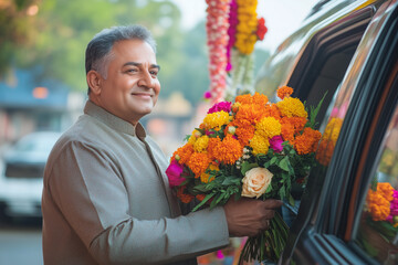 Fototapeta premium Man placing bouquet of flowers in car for valentine's day