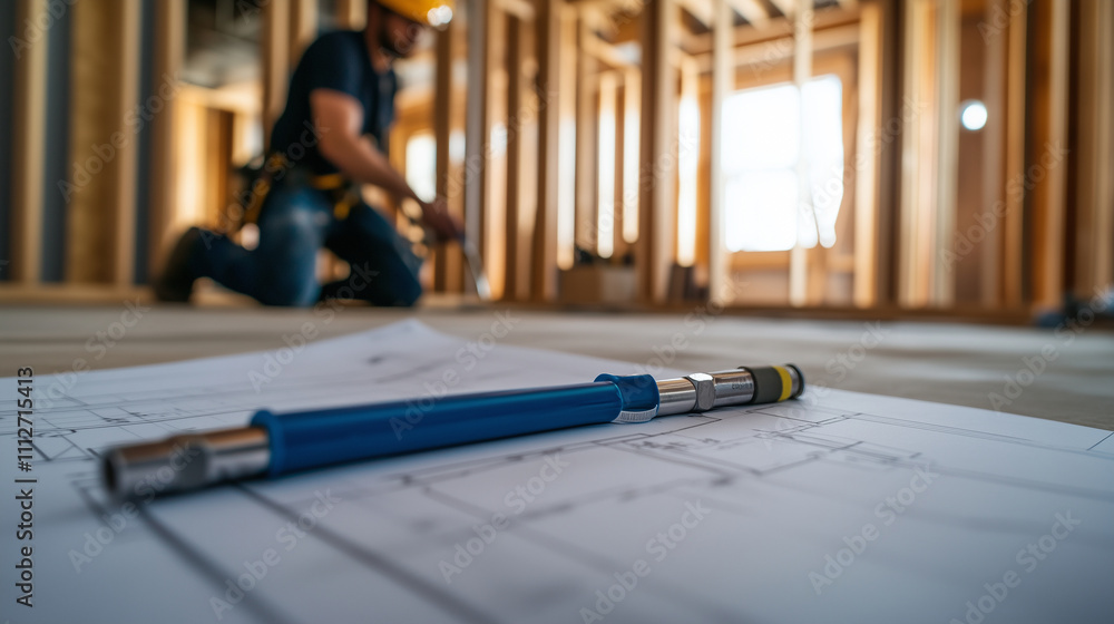 Poster a plumber pauses to check alignment on a blueprint while laying pipes for an underfloor heating syst