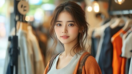 Image of adorable woman carefully inspects each seam and feels the fabric's texture positioned in front of the fitting room mirror