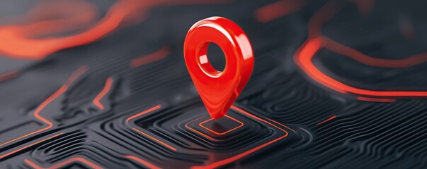 A vibrant red location pin sits on a dark, circuit-like background, symbolizing navigation and digital mapping technology.
