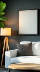 Contemporary living room featuring a white sofa, dark walls, a tripod floor lamp, and a modern square mirror reflecting a chic, minimalist aesthetic.