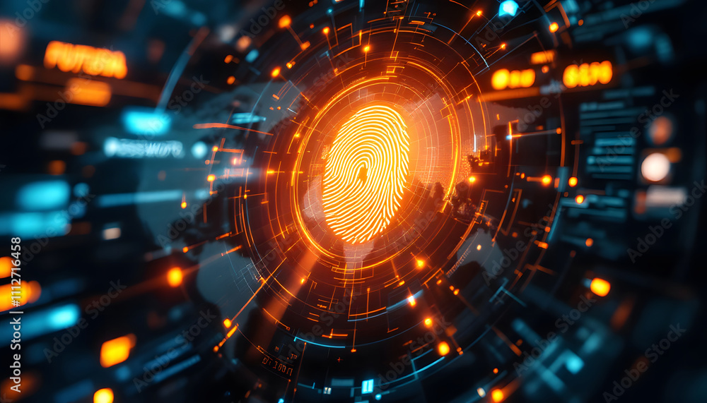 Poster neon-themed cybersecurity interface with biometrics and global connectivity