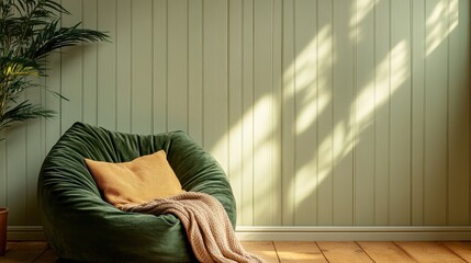 A sunlit reading nook featuring a green upholstered chair with a warm-colored pillow and blanket against a wooden wall, surrounded by lush greenery.