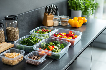 a clean, minimalist kitchen counter with healthy meal prep containers filled with colorful vegetables, lean proteins, and grains, bright lighting, fresh ingredients, organized, modern atmosphere


