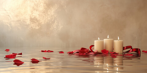 Three burning candles and red rose petals floating on water for valentine's day with love