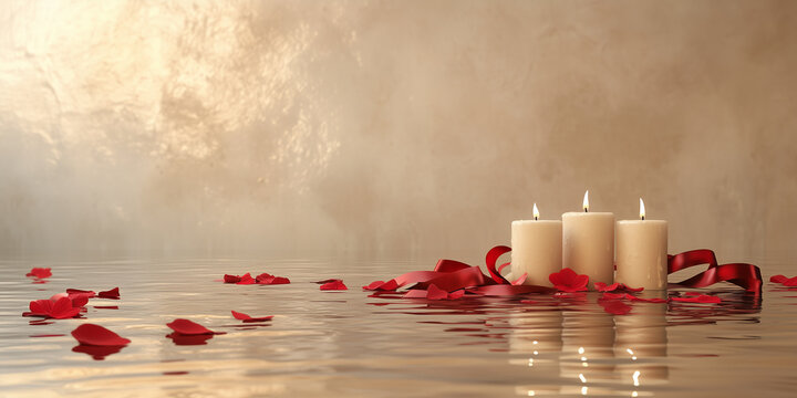 Three burning candles and red rose petals floating on water for valentine's day with love