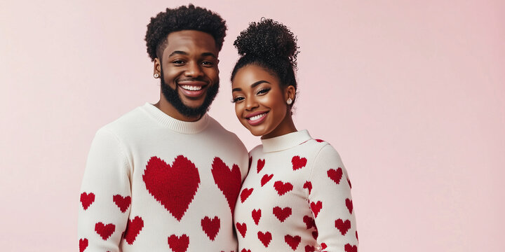 Happy African American couple wearing matching sweaters celebrating valentine's day