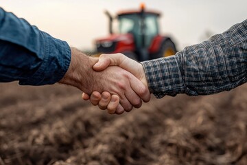 In a field, two farmers engage in a handshake, with a tractor in the background, representing the spirit of agricultural teamwork and productive collaboration in farming.