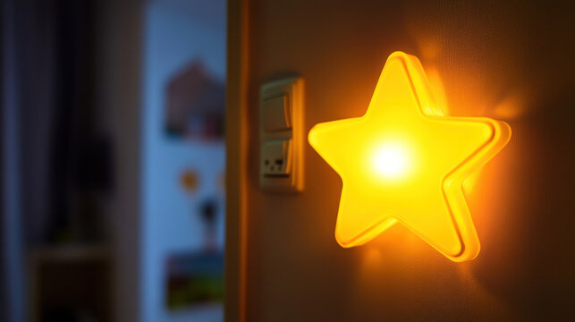 Illuminated star-shaped nightlight on wall.