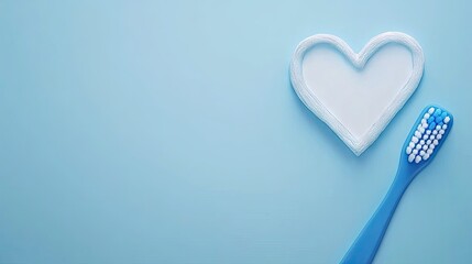 Heart-shaped toothpaste art with a blue toothbrush on a pastel background for a creative Valentine's Day expression