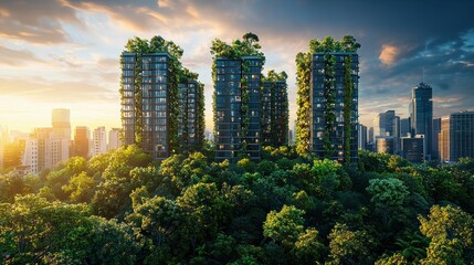 Obraz premium Modern green buildings promoting corporate sustainability in urban landscape