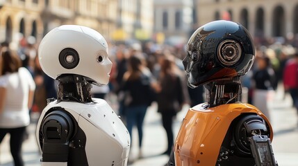 Two advanced robots closely facing each other amidst an urban setting, showcasing remarkable engineering and hinting at future possibilities in automation and design.