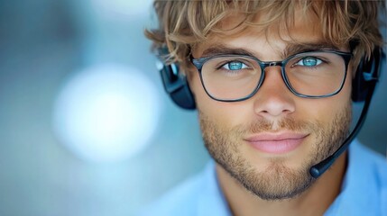 Smiling man in headset engaging with customers in modern call center setting using technology for support