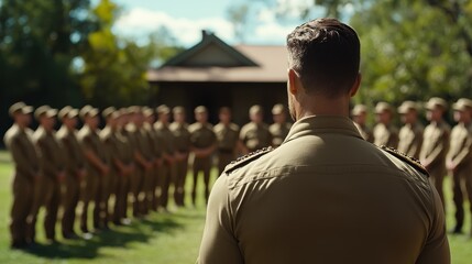 A commanding figure faces a formation of soldiers standing at attention outdoors, creating an atmosphere of discipline and authority under the bright blue sky.