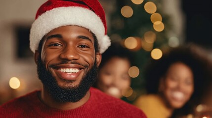 Cheerful Multiethnic Family Celebrating Christmas with Joyful Smiles and Festive Spirit in a Cozy Home Setting with Holiday Lights and Santa Hats