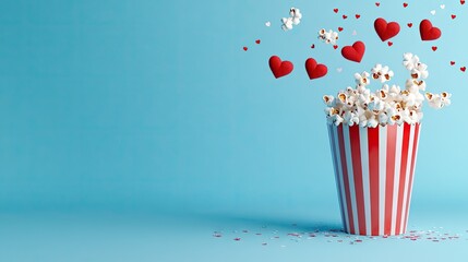 Celebrate love with a delightful popcorn bucket surrounded by heart-shaped confetti on a vibrant blue background for Valentine's Day festivities