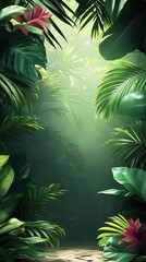 A scenic walkway through a vibrant rainforest, surrounded by bright foliage and flowers, capturing the essence of exploration and the beauty of the natural world.