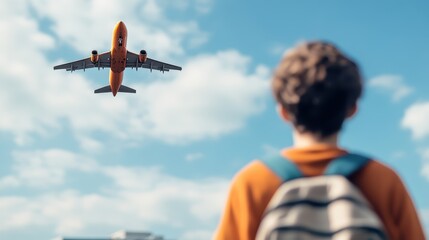 A person with a backpack observes an airplane gliding across a bright blue sky with scattered clouds, capturing a moment of travel, dreams, and wanderlust.