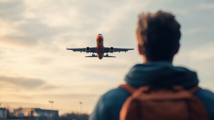 Against a sunset backdrop, a person with a backpack observes an airplane, capturing the essence of travel and contemplation in a scenic and serene setting.