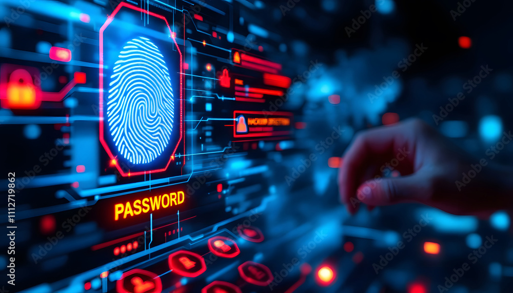 Poster a futuristic digital security interface showcasing a fingerprint scanner, lock icons, and a global m