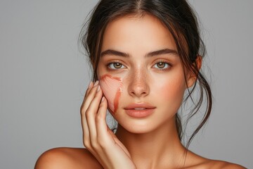 a young woman gently removing sunburned skin on a grey background