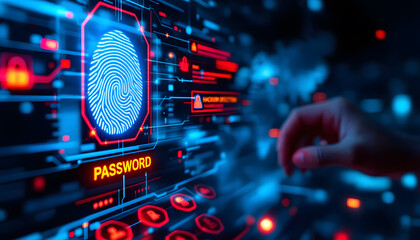 A futuristic digital security interface showcasing a fingerprint scanner, lock icons, and a global map overlay