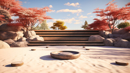 Serene Garden Scene: Minimalist Mockup Abstract Background Art with Empty Stand Stage, Natural Setting relax