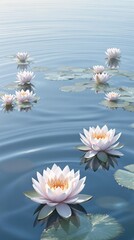 Water lilies on a lake surface creating ripples in the water, calm water, stillness, peaceful atmosphere, lake ripples