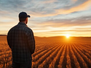 A man in a cap stands in a field, observing the horizon as the sun rises, casting warm light over a vast, cultivated landscape, symbolizing hope and new beginnings.
