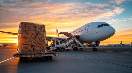An aircraft is stationed on the tarmac during sunset, with cargo being loaded by a specialized vehicle, showcasing logistical operations in transit.