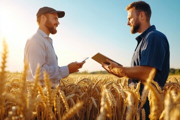 Two farmers stand in a golden wheat field, discussing agricultural data using digital technology, capturing innovation in farming practices and rural settings.