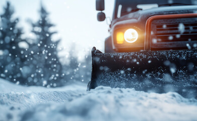 A snowplow clearing a snowy road during a winter day with falling snow and trees in the background.