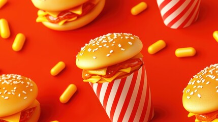 Colorful Fast Food Concept with Playful Hamburger and Snacks