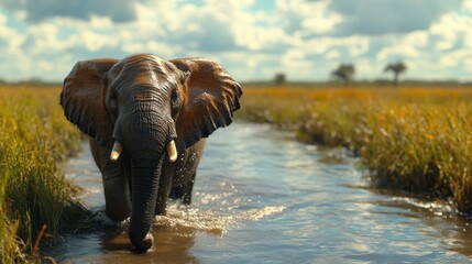 Elephant Stroll. dlss nature-based Bforartists Ai video generator editor Nature positive Artgrid Tunetank Blue energy Munch African walking in water river savannah wild