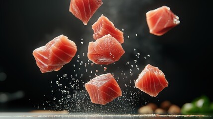 Suspended in motion, these pieces of pink tuna glisten with droplets, set against a subtle dark backdrop, capturing the essence of freshness and culinary elegance.