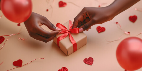 Florist tying red bow on valentine's day gift box, preparing surprise for celebration