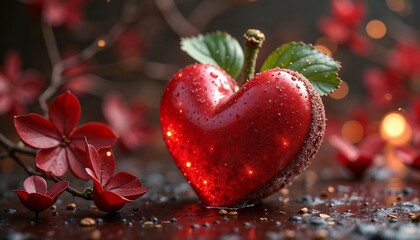 Obraz premium Red heart-shaped dessert with flowers and decorative elements in a romantic ambiance
