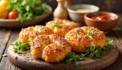 Cheesy stuffed bread knots with herbs on a wooden board served with dipping sauces