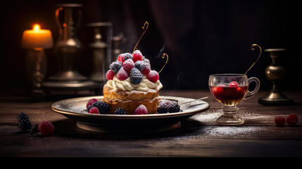 Exquisite Fine Dining Dessert Concept: A Luxurious Dish in Dark Background, Colorful and Yummy Desserts as Artful Decorations