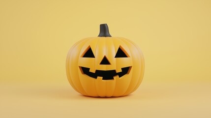 Cheerful Halloween Pumpkin with Classic Carved Face on Yellow Background