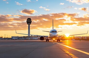 An airliner gracefully taxis on the airport runway with the sunset painting the sky, blending technology and the serene beauty of nature at day’s end.
