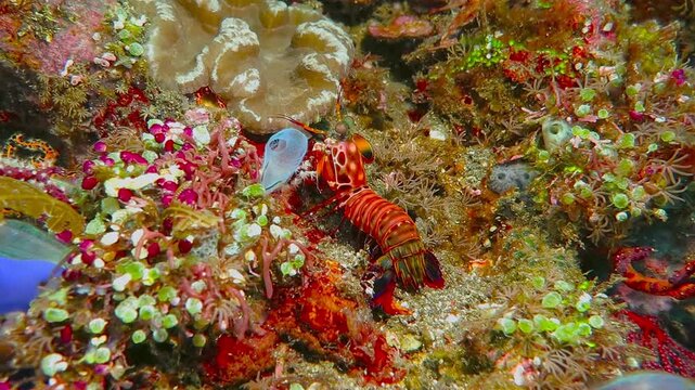 Red shrimp (peacock mantis shrimp, Odontodactylus scyllarus) on the tropical coral reef. Colorful underwater video, scuba diving on the reef. Corals, fish and shrimp. Marine life in the sea.