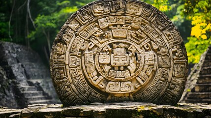 Ancient Mayan stone carving found in lush jungle setting near archaeological site revealing complex history
