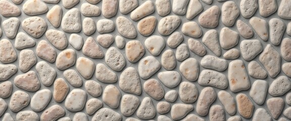 Surface covered with smooth stones of varying sizes and colors.Harmonious arrangement of rounded stones, creating a textured landscape.Natural stone path, representing unity, structure, and timeless d