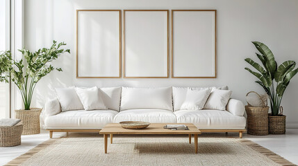 Contemporary Japanese living room with a white sofa, square coffee table, and rustic wooden cabinets