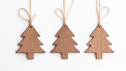 Eco-Friendly Christmas Tree Decorations Made From Natural Materials Featuring Wooden Ornaments Tied With Twine For Sustainable Holiday Decor On White Background With Minimalist Aesthetic